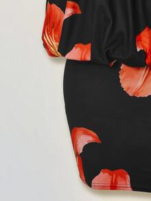 SHEIN ICON Floral Print Halter Neck Backless Dress - Red and Black - View 5