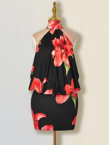 SHEIN ICON Floral Print Halter Neck Backless Dress - Red and Black - View 8