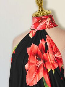 SHEIN ICON Floral Print Halter Neck Backless Dress - Red and Black - View 4