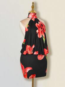 SHEIN ICON Floral Print Halter Neck Backless Dress - Red and Black - View 6