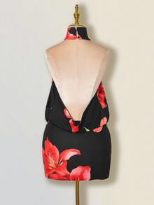 SHEIN ICON Floral Print Halter Neck Backless Dress - Red and Black - View 2