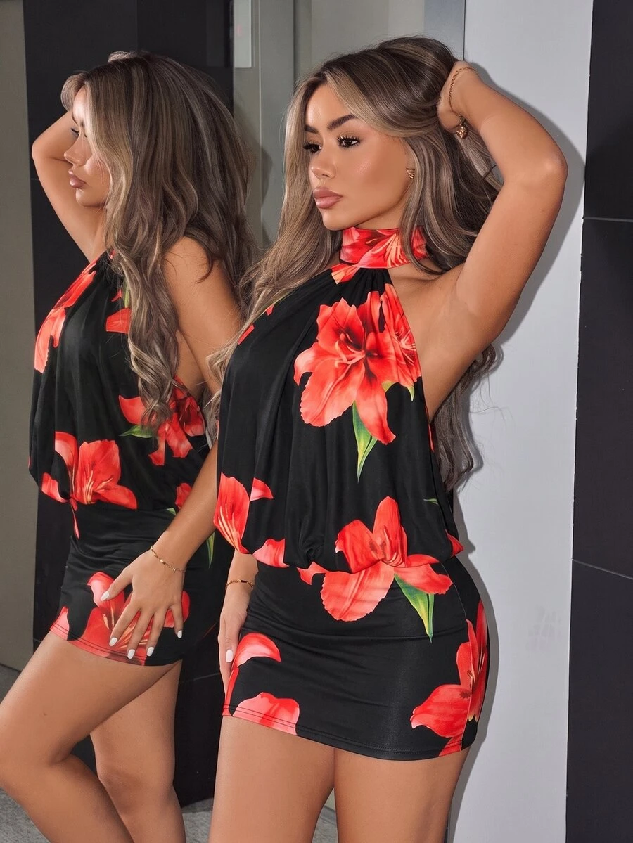 SHEIN ICON Floral Print Halter Neck Backless Dress - Red and Black - View 1