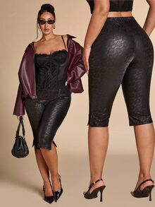 SHEIN BAE CURVE 大尺碼女款簡約日常夜店約會旅行穿搭 優雅性感派對純色黑色咖啡色彈性PU修身緊身褲 Y2K夏季 - 黑色 - 查看 2