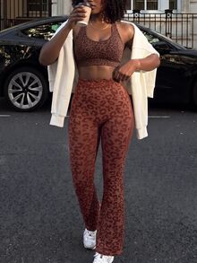 Rovax Women's Leopard Print High Waist Flare Leg Athletic Pants - Brown - View 4