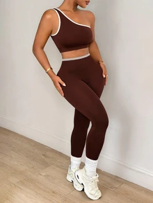 SHEIN Core Rhythm Colorblock Coffee Brown One-Shoulder Tank Top And Leggings Sports, Yoga Seamless Set - Coffee Brown - View 5