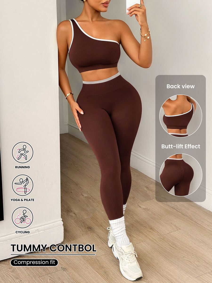 SHEIN Core Rhythm Colorblock Coffee Brown One-Shoulder Tank Top And Leggings Sports, Yoga Seamless Set - Coffee Brown - View 1