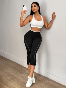 SHEIN Core Rhythm Women's Capri Length Seamless Sports Leggings, Suitable For Running, Yoga, Ball Games - Black and White - View 4