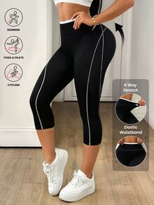 SHEIN Core Rhythm Women's Capri Length Seamless Sports Leggings, Suitable For Running, Yoga, Ball Games - Black and White - View 7