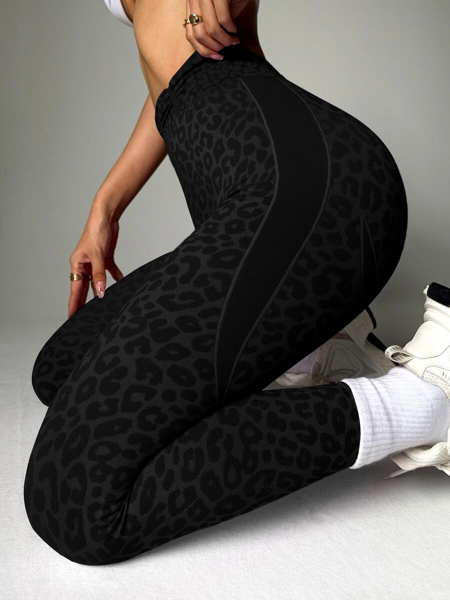 Slayform Slayform 1pc Tulip Back Deep V Leopard Print Running Sports Yoga Fitness Leggings Workout Leggings With Pocket Leggings Gym Mono Anti Cellulite Leggings - Black - View 1