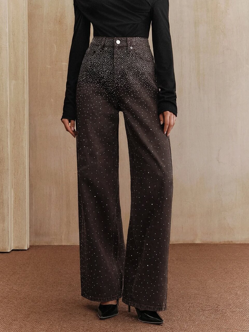 Anewsta Blue Glitter Wide Leg Pants, Fall/Winter, Christmas, New Year, Elegant, Luxury, Chic, Casual