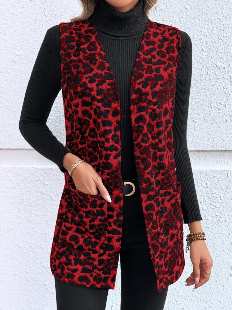 BrightlyHer Plus Size Women's Red Leopard Print Open Front Sleeveless Cardigan,Elegant Pocket Coat For Autumn,Early Spring Casual Fashion Vacation, Style,Fall - Red - View 3