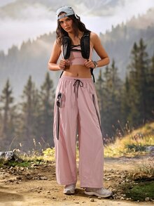 Exploreva Exploreva Women's Drawstring Waist Cuffed Outdoor Long Pants - Pink - View 5