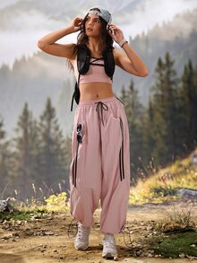 Exploreva Exploreva Women's Drawstring Waist Cuffed Outdoor Long Pants - Pink - View 8