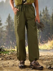 Exploreva Exploreva Women's Drawstring Waist Cuffed Outdoor Hiking Pants - Olive Green - View 8