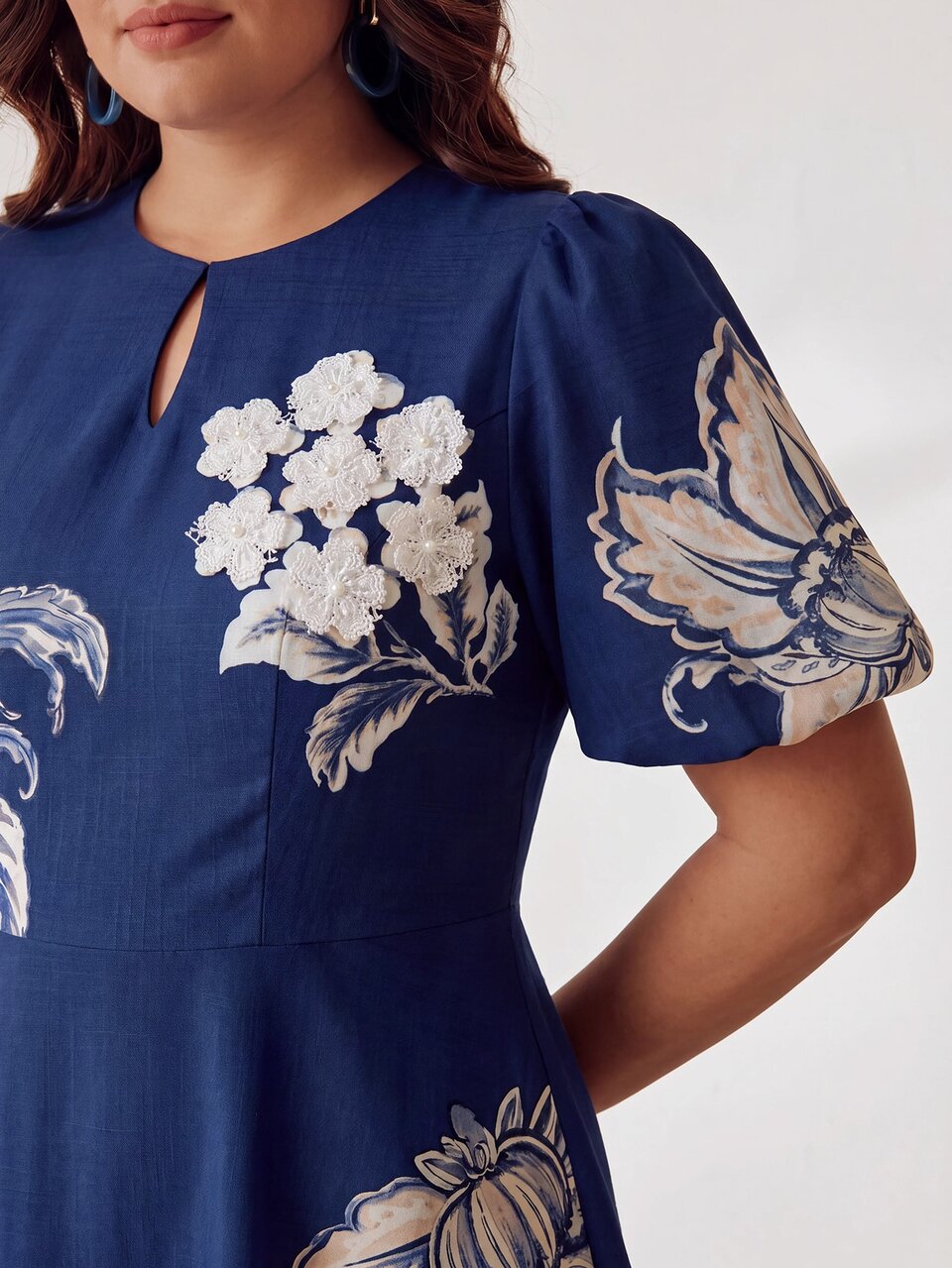 Anewsta Plus Size Women's Spring/Summer Elegant Floral Placement Print Puff Short Sleeve A-Line Long Dress, Partial 3D Flower Decoration, Casual Wear, Suitable For Daily, Holiday, Beach