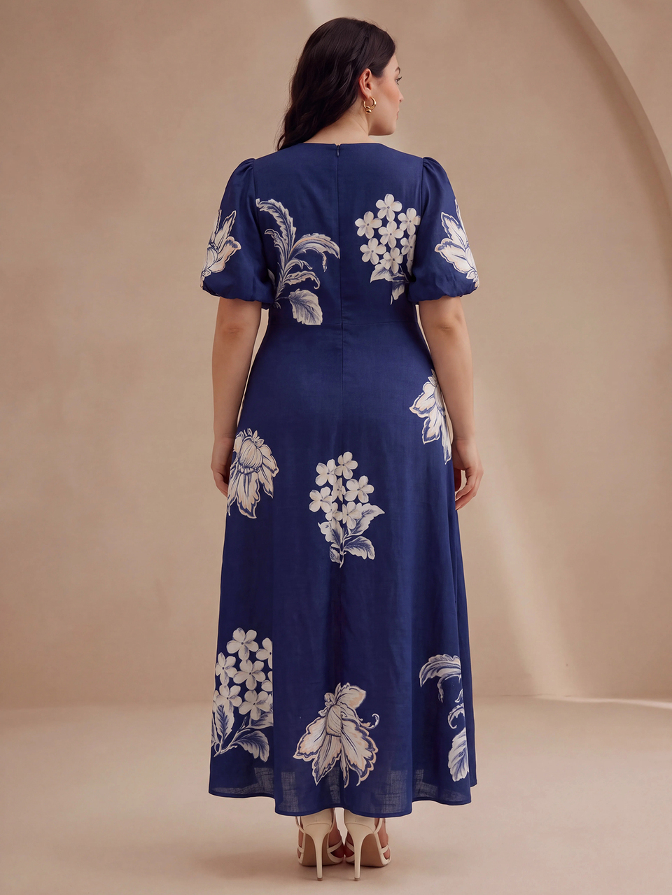 Anewsta Plus Size Women's Spring/Summer Elegant Floral Placement Print Puff Short Sleeve A-Line Long Dress, Partial 3D Flower Decoration, Casual Wear, Suitable For Daily, Holiday, Beach