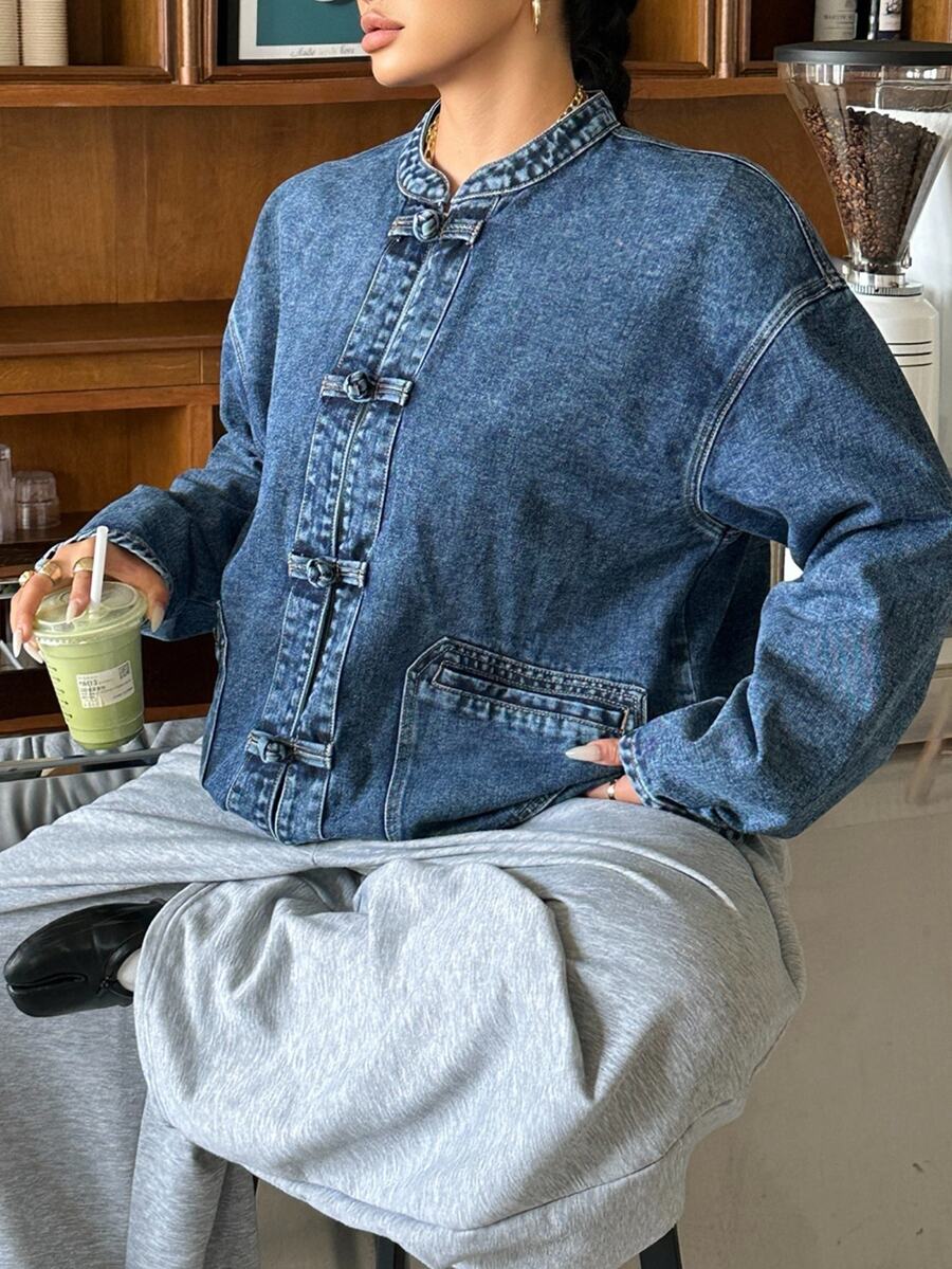 Muchica Plus Size Women's Casual Versatile Daily Wear Long Sleeve Denim Jacket - Baby Blue - View 1