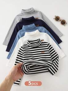 SHEIN 男童 (小號) 刷毛內裡兒童長袖高領保暖底層 T-冬衫 多件套裝，買 3 件送 2 件，共 5 件超值 - 彩色 - 查看 3
