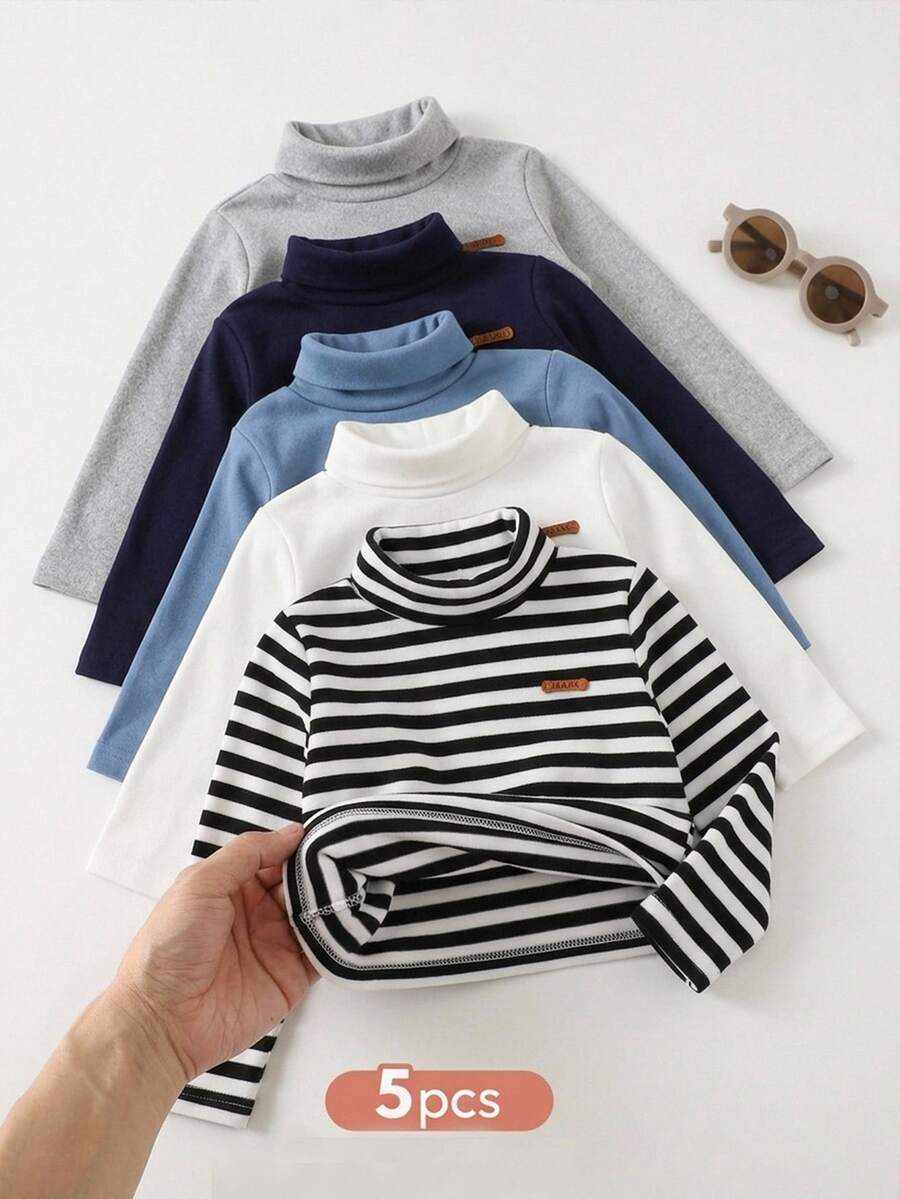 SHEIN Boys (Small) Fleece Lined Kids Brushed Long Sleeve Turtleneck Base Layer T-Winter Shirt Multi-Piece Set, Buy 3pcs Get 2 Free, 5 Pieces Total Great - Multicolor - View 1