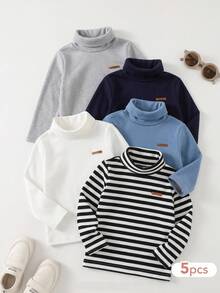 SHEIN 男童 (小號) 刷毛內裡兒童長袖高領保暖底層 T-冬衫 多件套裝，買 3 件送 2 件，共 5 件超值 - 彩色 - 查看 1