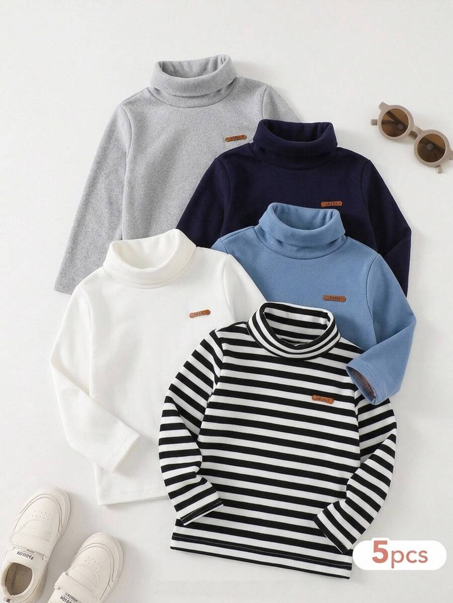 SHEIN 男童 (小號) 刷毛內裡兒童長袖高領保暖底層 T-冬衫 多件套裝,買 3 件送 2 件,共 5 件超值 - 彩色 - 查看 1