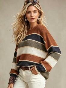 EMERY ROSE Striped Pattern Oversized Jumper - Multicolor - View 4