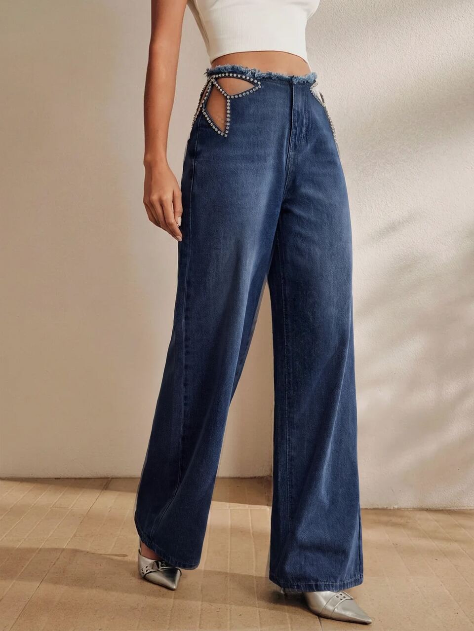 Anewsta Women's New Fashion Sexy Heavy Embroidery Hollow Out Rhinestone Studded Blue Straight Leg Jeans Long Pants Summer