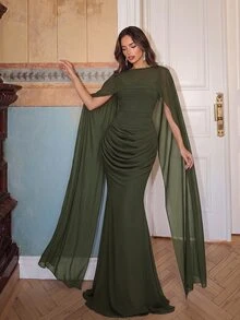 Aloruh Elegant  Ruffled Dress For Bridesmaids, With A Fish Tail Design. Suitable For Fall/Winter. Sexy Green,Ribbon   Valentine's Day - Army Green - View 8