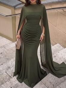 Aloruh Elegant  Ruffled Dress For Bridesmaids, With A Fish Tail Design. Suitable For Fall/Winter. Sexy Green,Ribbon   Valentine's Day - Army Green - View 2