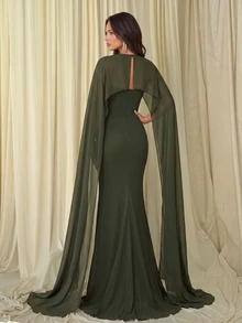 Aloruh Elegant  Ruffled Dress For Bridesmaids, With A Fish Tail Design. Suitable For Fall/Winter. Sexy Green,Ribbon   Valentine's Day - Army Green - View 3