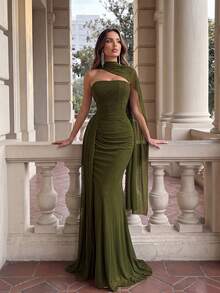 Aloruh Elegant Chiffon Olive Green Winter Formal Wedding Strapless Shaping Fishtail Pleated Side Drape Flounce Multi-Wear Halter Bridesmaid Dress - Army Green - View 5