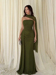 Aloruh Elegant Chiffon Olive Green Winter Formal Wedding Strapless Shaping Fishtail Pleated Side Drape Flounce Multi-Wear Halter Bridesmaid Dress - Army Green - View 7