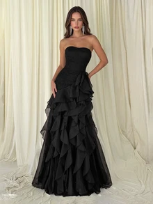 Aloruh Elegant Luxury Asymmetric Neck Fishbone Shaping Organza Ruffle Fishtail Hem Maxi Dress,Suitable For Weddings,Galas,Business Banquets & Holiday Events - Multicolor - View 6