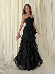 Aloruh Elegant Luxury Asymmetric Neck Fishbone Shaping Organza Ruffle Fishtail Hem Maxi Dress,Suitable For Weddings,Galas,Business Banquets & Holiday Events - Multicolor - View 7