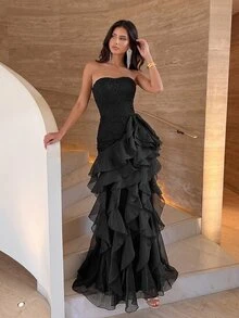 Aloruh Elegant Luxury Asymmetric Neck Fishbone Shaping Organza Ruffle Fishtail Hem Maxi Dress,Suitable For Weddings,Galas,Business Banquets & Holiday Events - Multicolor - View 2
