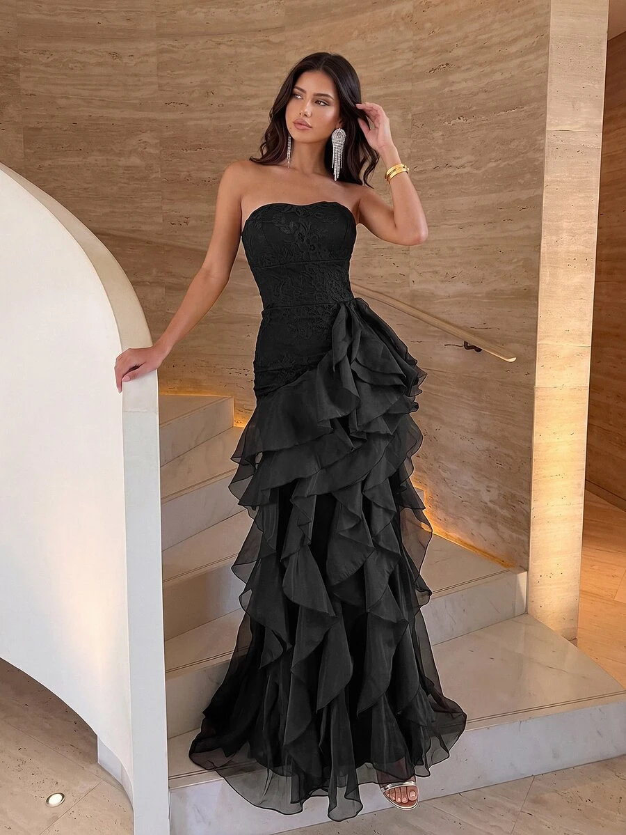 Aloruh Elegant Luxury Asymmetric Neck Fishbone Shaping Organza Ruffle Fishtail Hem Maxi Dress,Suitable For Weddings,Galas,Business Banquets & Holiday Events