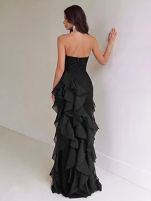 Aloruh Elegant Luxury Asymmetric Neck Fishbone Shaping Organza Ruffle Fishtail Hem Maxi Dress,Suitable For Weddings,Galas,Business Banquets & Holiday Events - Multicolor - View 3