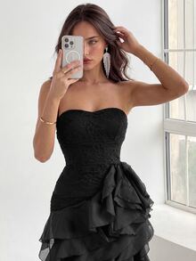 Aloruh Elegant Luxury Asymmetric Neck Fishbone Shaping Organza Ruffle Fishtail Hem Maxi Dress,Suitable For Weddings,Galas,Business Banquets & Holiday Events - Multicolor - View 5