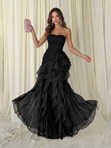 Aloruh Elegant Luxury Asymmetric Neck Fishbone Shaping Organza Ruffle Fishtail Hem Maxi Dress,Suitable For Weddings,Galas,Business Banquets & Holiday Events - Multicolor - View 8