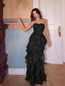 Aloruh Elegant Luxury Asymmetric Neck Fishbone Shaping Organza Ruffle Fishtail Hem Maxi Dress,Suitable For Weddings,Galas,Business Banquets & Holiday Events - Multicolor - View 4