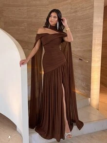 Aloruh Elegant Gray Minimalist Off-Shoulder Ruched Asymmetric A-Line High Slit Dress, Suitable For Weddings, Formal Events, Galas, And Cocktail Parties - Brown - View 3