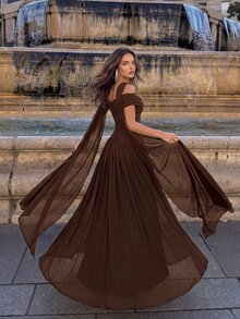 Aloruh Elegant Gray Minimalist Off-Shoulder Ruched Asymmetric A-Line High Slit Dress, Suitable For Weddings, Formal Events, Galas, And Cocktail Parties - Brown - View 2