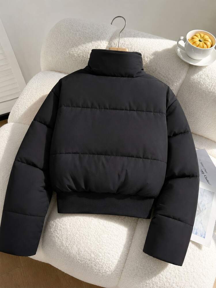 SHEIN Girls' Solid Color Plush Thickened Waist-Cinching Zip-Up Hooded Jacket, Dirt-Resistant Cool Fashion Streetwear For Outdoor Activities And Daily Wear, Winter Natural Long Sleeve Y2K Style White Padded Coat - Black - View 10