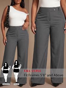 SHEIN Tall CURVE 大尺碼女款純色休閒百搭日常旅行長褲 - 灰色 - 查看 3