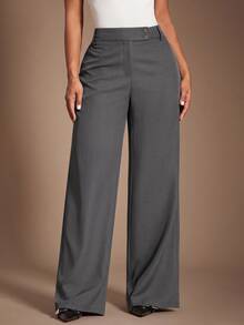 SHEIN Tall CURVE 大尺碼女款純色休閒百搭日常旅行長褲 - 灰色 - 查看 9