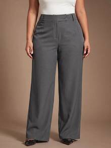 SHEIN Tall CURVE 大尺碼女款純色休閒百搭日常旅行長褲 - 灰色 - 查看 2
