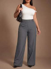SHEIN Tall CURVE 大尺碼女款純色休閒百搭日常旅行長褲 - 灰色 - 查看 6