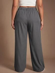 SHEIN Tall CURVE 大尺碼女款純色休閒百搭日常旅行長褲 - 灰色 - 查看 10