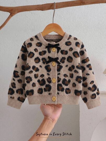 SHEIN 1pc Baby Girl Khaki Vintage Leopard Print Round Neck Knitted Cardigan, Black Bow Decor Front Button Short Sweater Jacket, Can Be Paired With Dress, Jeans, 1st Birthday Outfit Sweet Cool Style Infant Leopard Print Knitted Cardigan, Travel Vacation Family Gathering Daily Versatile Outfit