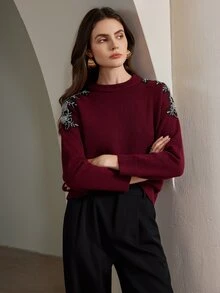 Anewsta 优雅水钻装饰圆领圣诞女式红色毛衣 - 酒紅色 - 查看 3